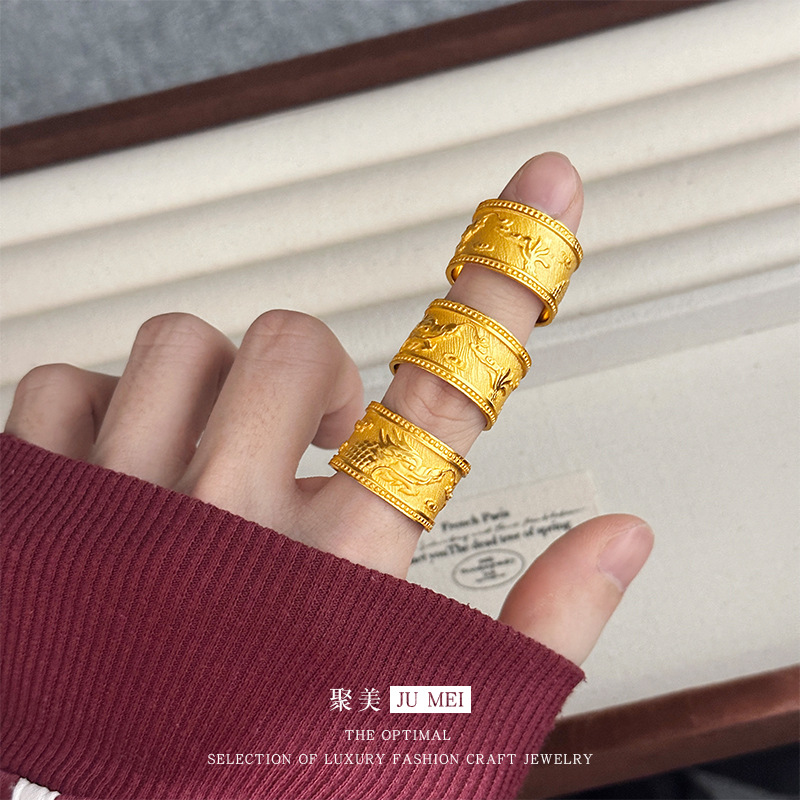 Ethnic Fashion Store - 9999 ร้านทองคําแท้ 24K สไตล์เดียวกันผู้ชายหน้ากว้างลายมังกรแหวนขนาดใหญ่ทันสมัยและครอบงํา