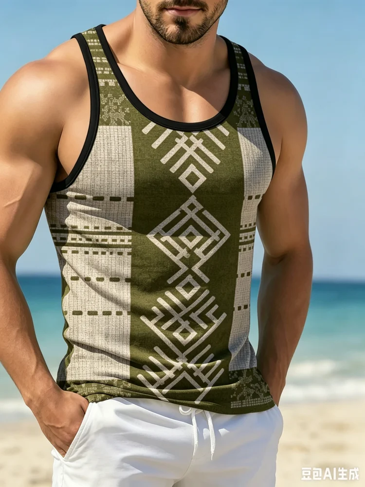 Men'S Ethnic Fashion Trends - เสื้อกล้ามผู้ชายสไตล์วินเทจลายชนเผ่าเรขาคณิตแบบต่อผ้า สำหรับฤดูร้อน ใส่ไปเที่ยวชายหาด ระบายอากาศได้ดี แฟชั่นแนวสตรีท