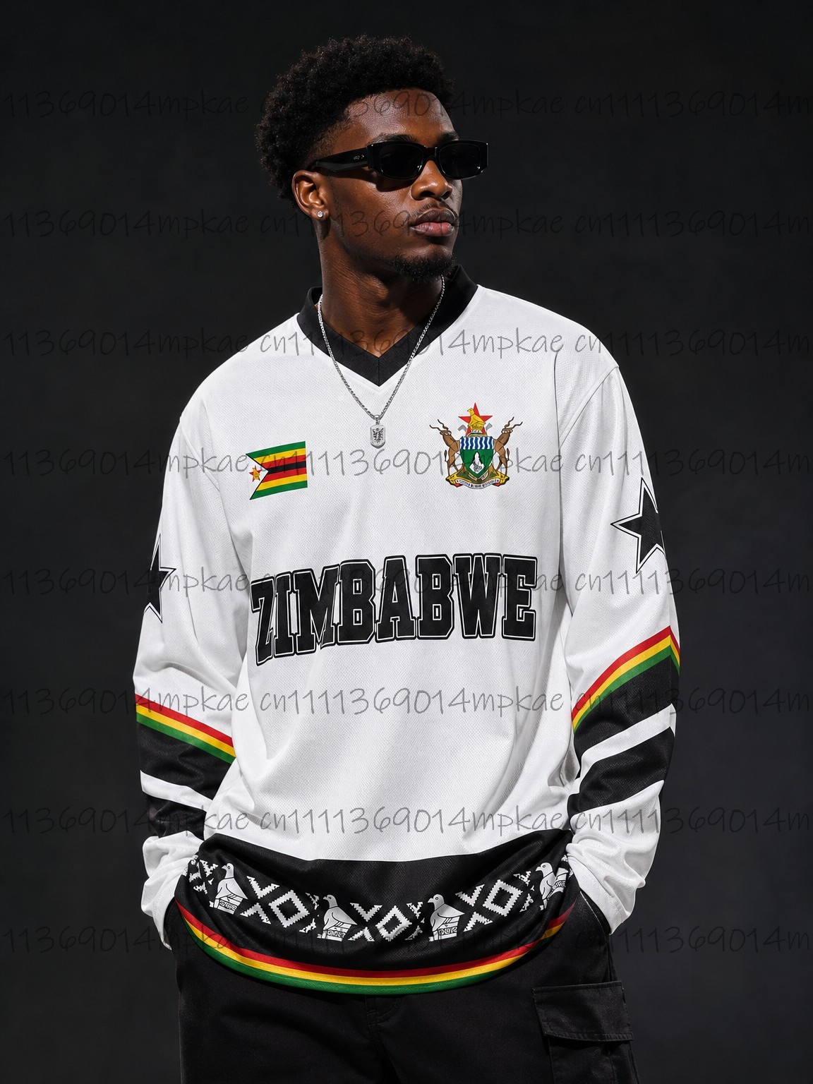 The Ethnic Fashion - เสื้อยืดแขนยาวคอวีพิมพ์ลายสไตล์ชนเผ่าซิมบับเวสำหรับฤดูใบไม้ร่วง, เสื้อกีฬาแนวเรโทรหลวมๆ แฟชั่น, เสื้อผู้ชาย